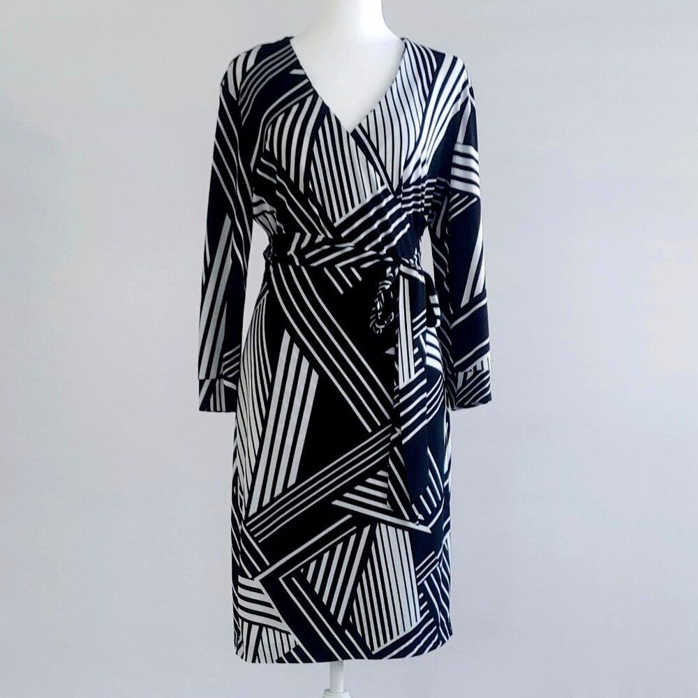 Covington Women's Classic 3/4 Sleeve V Neck Black/White Wrap Dress Size Small
